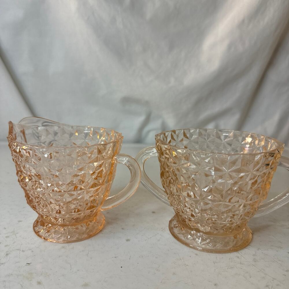 Vintage Jeanette Pink Depression Glass Holiday Button creamer and sugar set